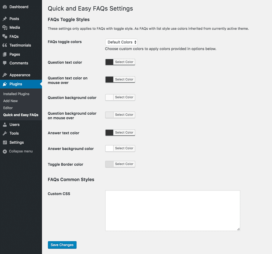 FAQs Plugin Settings