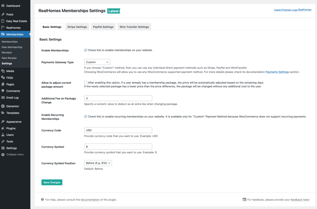 RealHomes Membership - Basic Settings