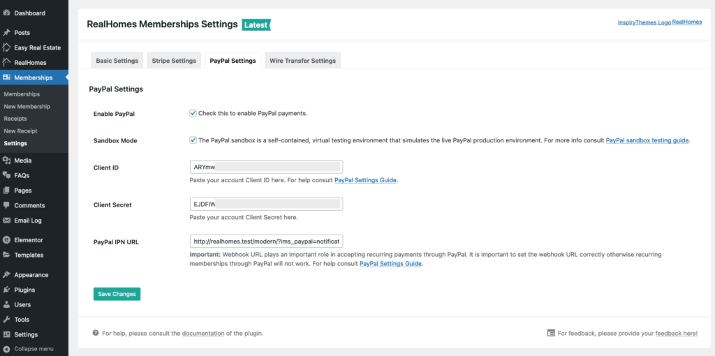 RealHomes Membership - PayPal Settings