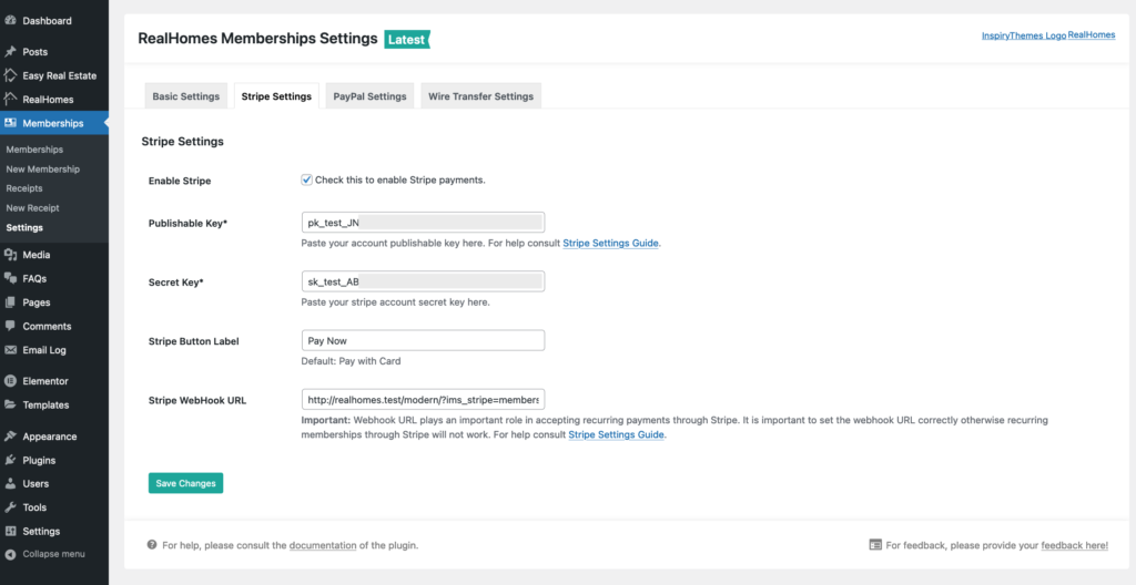 RealHomes Membership - Stripe Settings