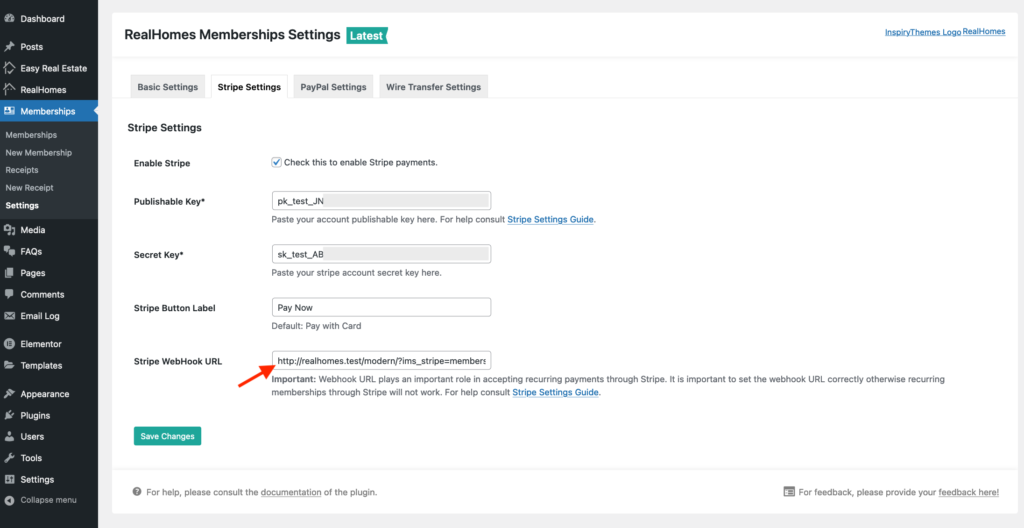 RealHomes Memberships - Stripe Web Hook URL