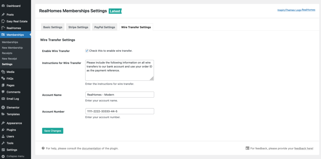 RealHomes Membership - Wire Transfer Settings